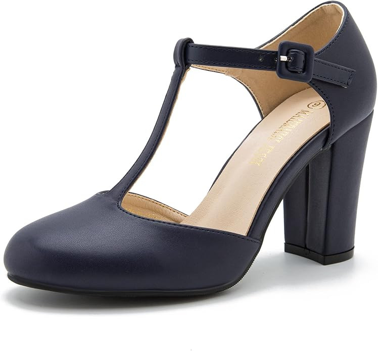 Women's T-Strap Block Chunky Heel Mary Jane Pumps Cut Out Wedding Dress Shoes | Amazon (US)