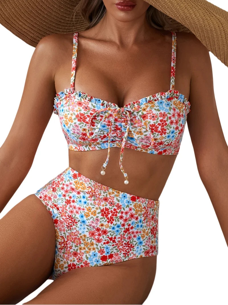 Eytino Women's Bikini Swimsuits Floral Print Bikini Sets Lace Up Front 2 Piece Swimsuit Ruched Ru... | Walmart (US)