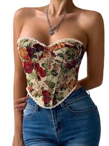 GIYKBX Women's Vintage Floral Strapless Corset Top Lace Trim Lace-up Sweetheart Bustier Crop Tube Tops，Khaki S | Amazon (US)