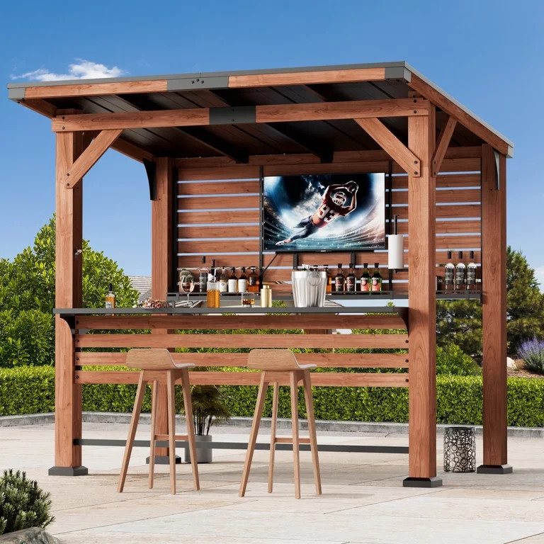 Modern Shade Cedar Wood Bar Center Gazebo with Steel Roof, Shelves, TV Mount & Power Strip for Pa... | Walmart (US)