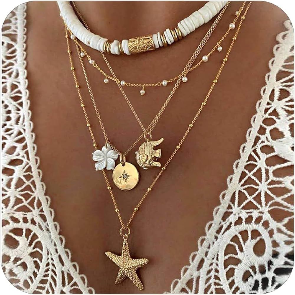 HUASAI Beach Charm Necklace for Women Summer Starfish Shell Necklace Layered Beachy Necklaces Sur... | Amazon (US)