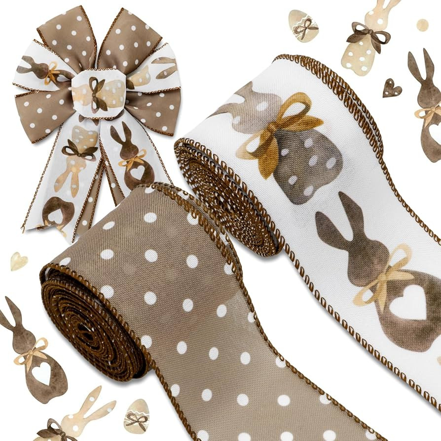 JarThenaAMCS Easter Wired Edge Ribbon Bow Bunny Rabbit Dots Ribbon Brown Decorative Fabric Ribbon... | Amazon (US)