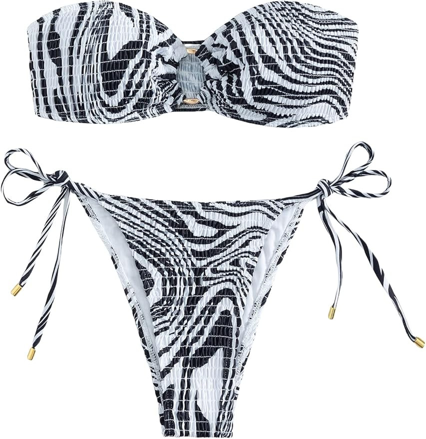 WDIRARA Women's 2 Piece Set Zebra Striped Print Smocked Ring Linked Swimwear Tie Side Bikini Set | Amazon (US)