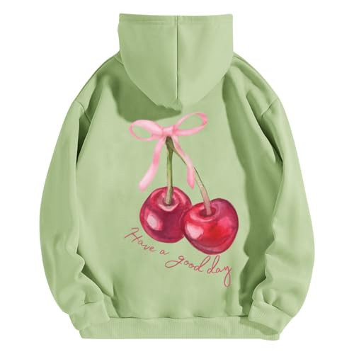 Tuislay Womens Cute Cherry Graphic Hoodie Ribbon Bow Printed Sweatshirt Drop Shoulder Aesthetic Pullover Hoodies With Pocket(Green,2XL) | Amazon (US)