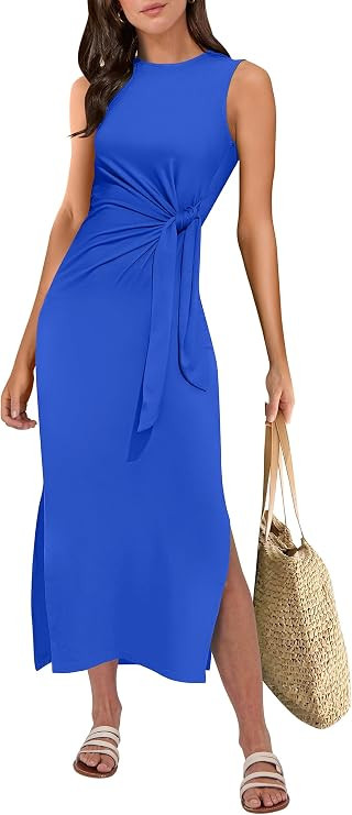 ANRABESS Womens Summer Casual Sleeveless T Shirt Midi Dress Slim Fit Tie Waist Split Tank Long Dr... | Amazon (US)