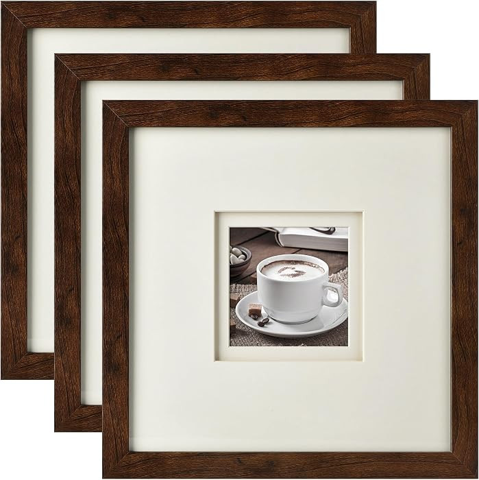 10x10 Square Picture Frame with Double Floating Ivory Mat 4x4, Brown Wood Grain Photo Frame with ... | Amazon (US)