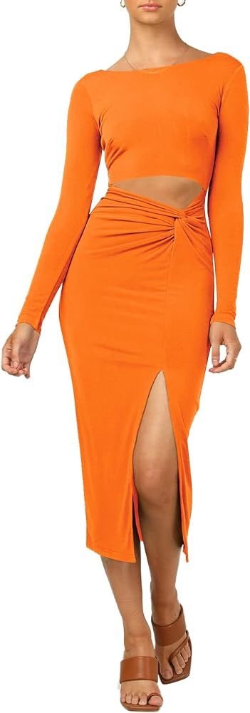 LYANER Women's Scoop Neck Cut Out Long Sleeve Split Hem Bodycon Midi Dress | Amazon (US)