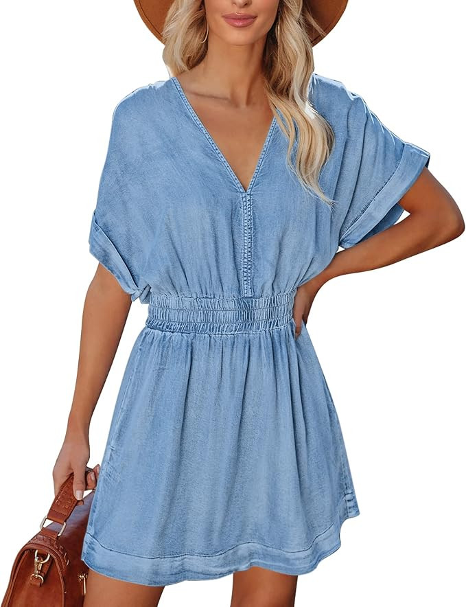 LookbookStore Denim Dress for Women Chambray Batwing Sleeves Smocked Waist A-line Short Jean Dres... | Amazon (US)