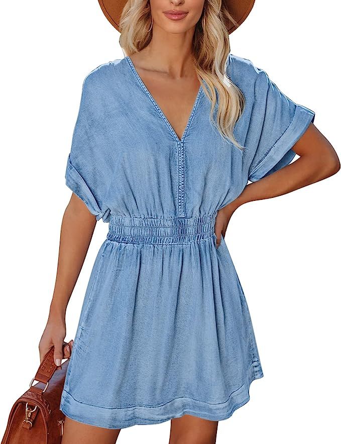 LookbookStore Denim Dress for Women Chambray Batwing Sleeves Smocked Waist A-line Short Jean Dres... | Amazon (US)