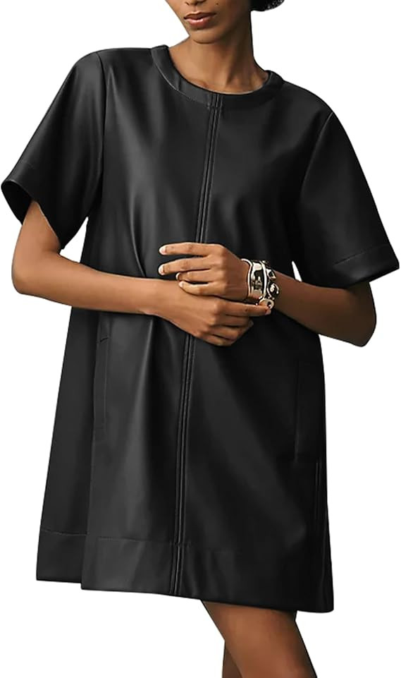 Women Faux Leather Mini Dress Short Sleeve Crew Neck A Line Flowy Swing PU Party Dress with Pocke... | Amazon (US)