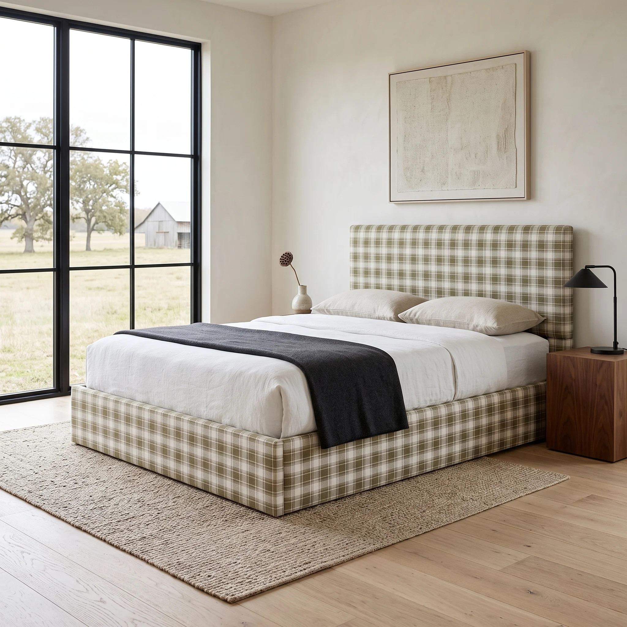 Lift Up Storage Upholstered Platform Bed With Plaid Pattern Headboard, No Box Spring Needed, White/Blue Check | Wayfair North America