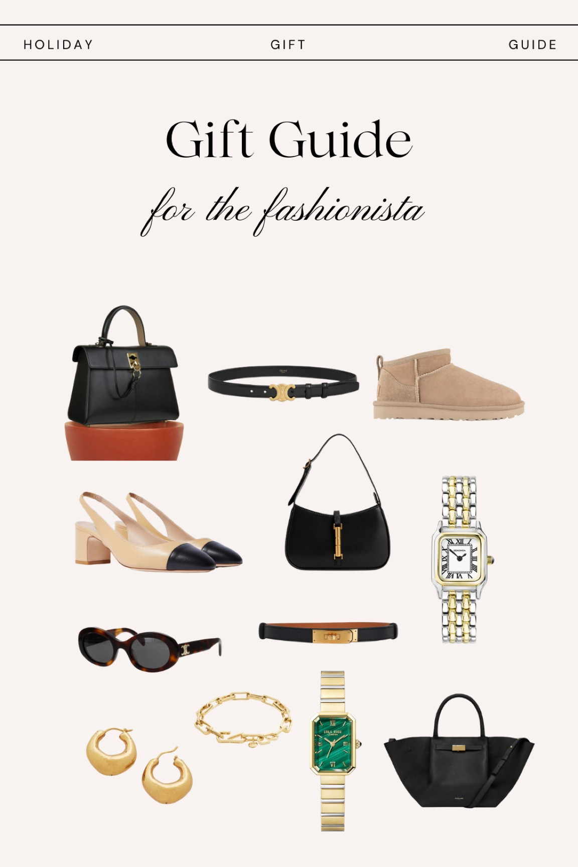 1. Cafune stance
2. Celine triomphe
3. UGGs ultra mini in sand
3. Scarosso Miranda 
4. Charles&Keith Cesia 
5. Sekonda Monica watch 
6. Celine sunglasses
7. Hermes belt 
8. Monica Vinader Deia earrings and Alta bracelet 
9. Lola Rose Malachite watch 

#LTKCyberWeek #LTKGiftGuide #LTKHolidaySale