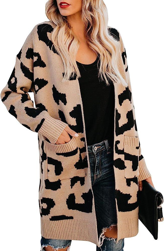 Womens Leopard Print Cardigan Sweater Open Front Long Sleeve Loose Knit Coat with Pockets | Amazon (US)