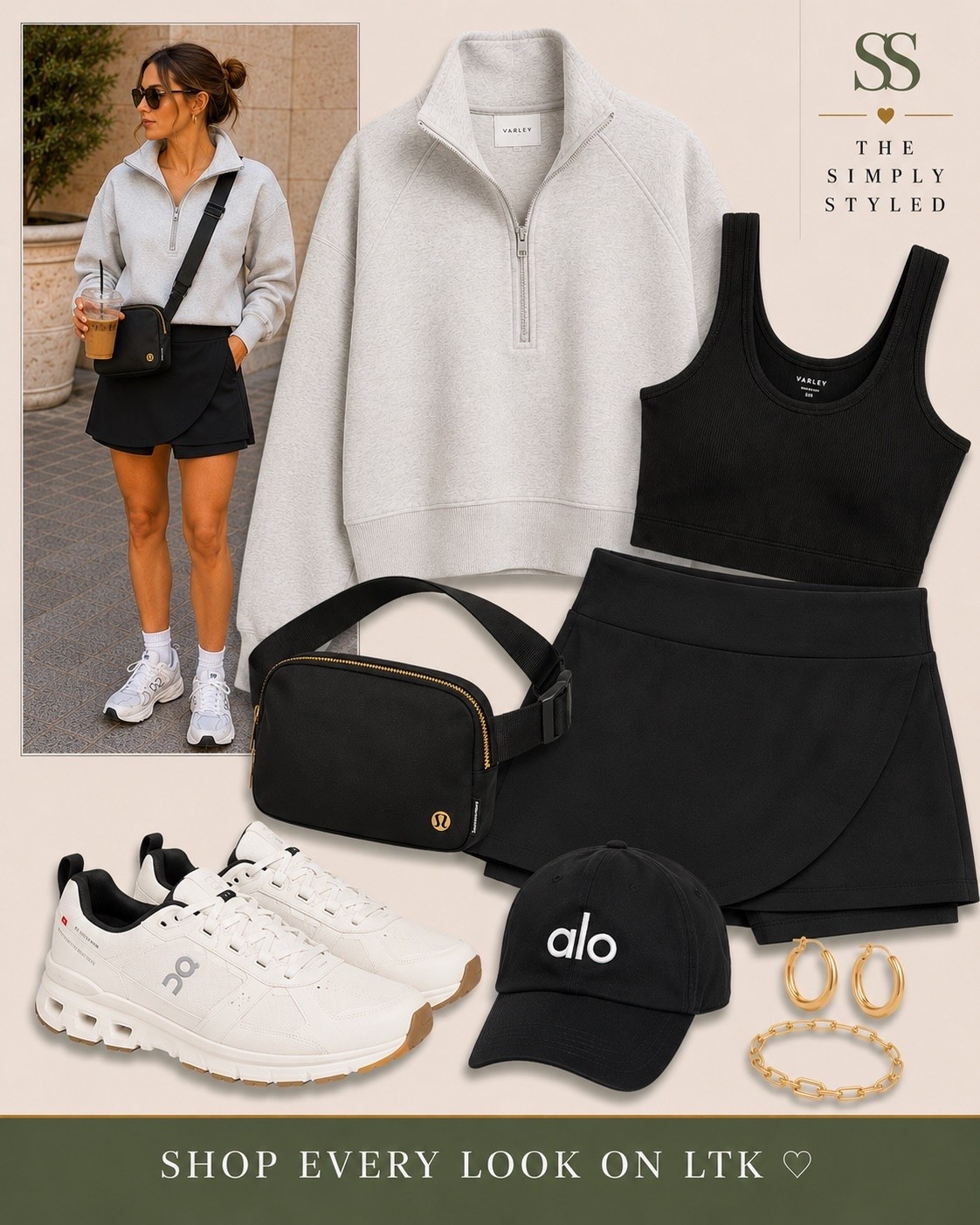 🖤 Elevated Athleisure, but make it chic.

This is the outfit I reach for when I want to look put together without sacrificing comfort.

✨ Varley half-zip pullover
✨ Black ribbed tank
✨ CRZ Yoga black skort
✨ On Cloud white sneakers
✨ Black belt bag / crossbody
✨ Alo baseball cap
✨ Gold hoop earrings
✨ Gold chain bracelet

The perfect mix of sporty, polished, and effortless for coffee runs, errands, travel days, school drop-offs, or casual lunch plans.

#LTKStyle #AthleisureStyle #VarleyStyle #CRZYoga #CapsuleWardrobe #EverydayStyle #NeutralOutfits #SportyChic #TravelOutfit #MomStyle

#LTKootd #LTKmomlife #LTKSaleAlert