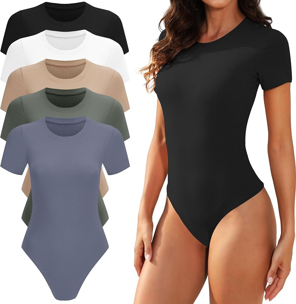 5 Pack Body suits for Womens Short Sleeve Round Neck Casual Stretchy Basic T Shirt Bodysuit Tops | Amazon (US)