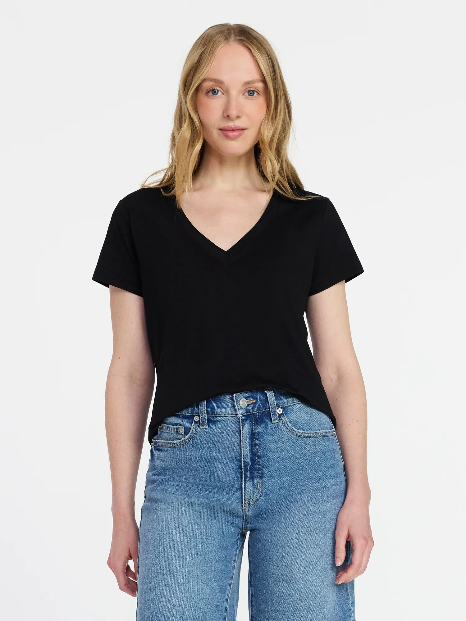 Time and Tru Women's Slub V Neck Tee with Short Sleeves, Sizes XS-XXXL | Walmart (US)