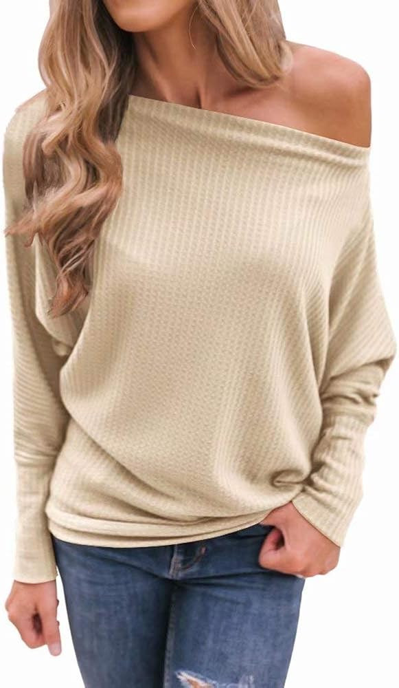 Lacozy Women's Waffle Knit Off The Shoulder Tops Oversized Long Sleeve Tunic Shirts Pullover Sweater | Amazon (US)