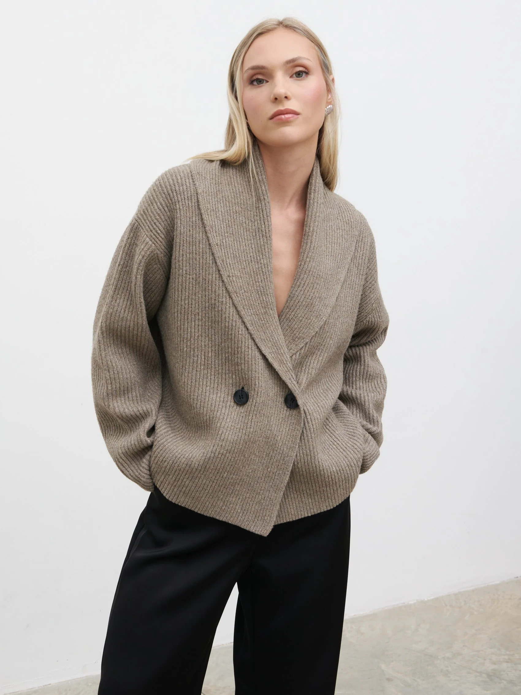 Ana Cross Over Collared Knit Cardigan - Dark Mushroom | Pretty Lavish (UK)