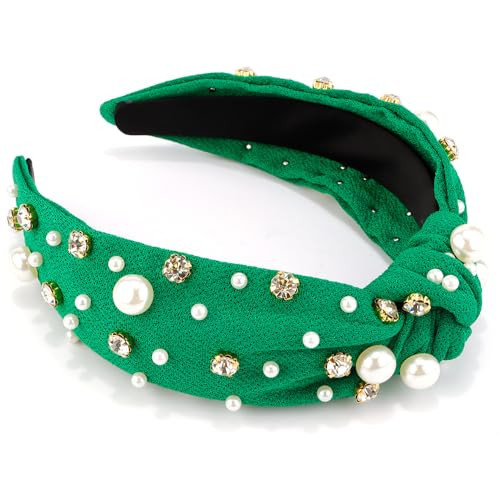 AHONEY Green Headband Pearl Headband Knotted Headband for Women Girls, Rhinestone Top Knot Crystal Headband Green Headpiece Wide Head Band for Women's Hair St Patrick's Day | Amazon (US)