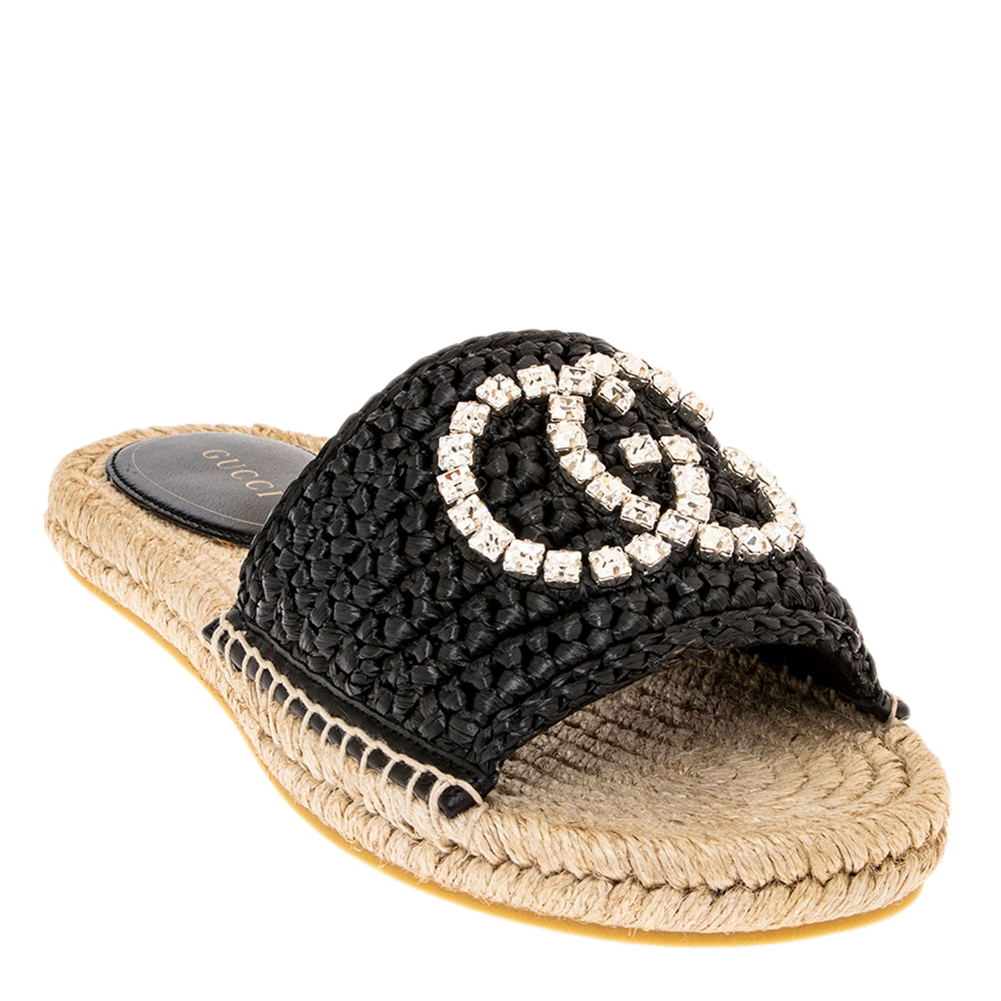 Gucci GG Crystal Embellished Raffia Slides | Overstock
