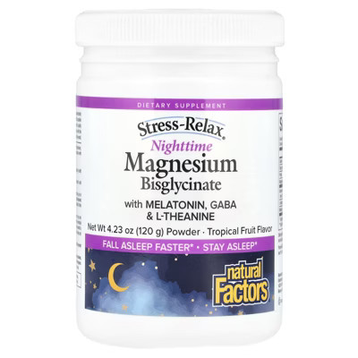 Natural Factors Stress-Relax®, Nighttime Magnesium Bisglycinate Powder with Melatonin, Gaba & L-Theanine, Tropical Fruit, 4.23 oz (120 g) | Target