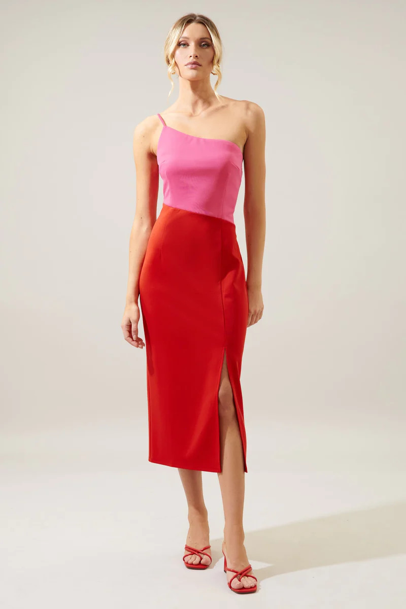 Shani Color Block One Shoulder Bodycon Midi Dress | Sugarlips