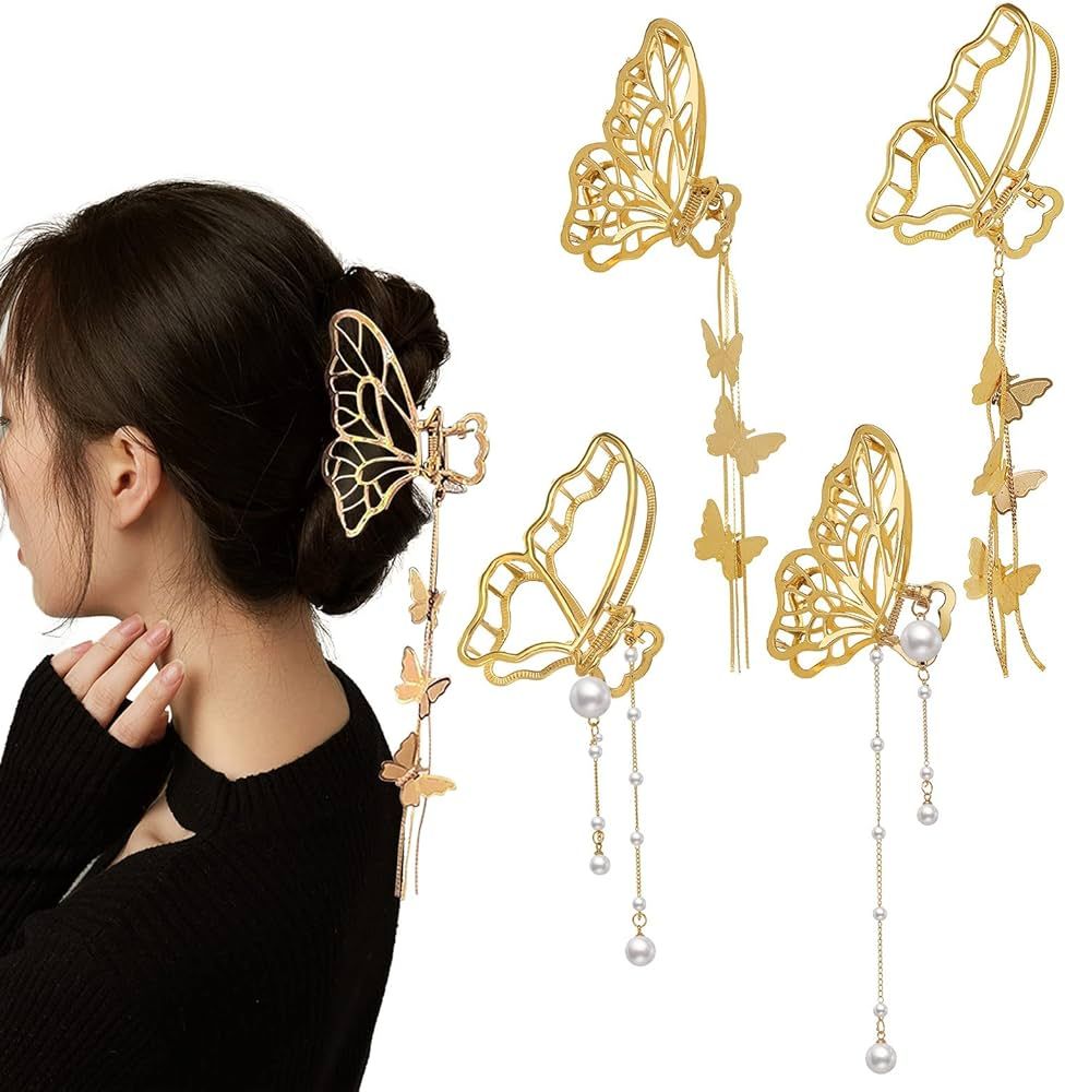 4 PACK Metal Big Gold Butterfly Hair Clips Clamp Tassel Nonslip Claw Hair Accessories for Women G... | Amazon (US)