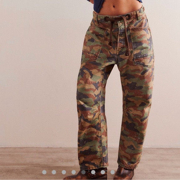We the free free people moxie printed low slung barrel jeans camo green NWT | Poshmark