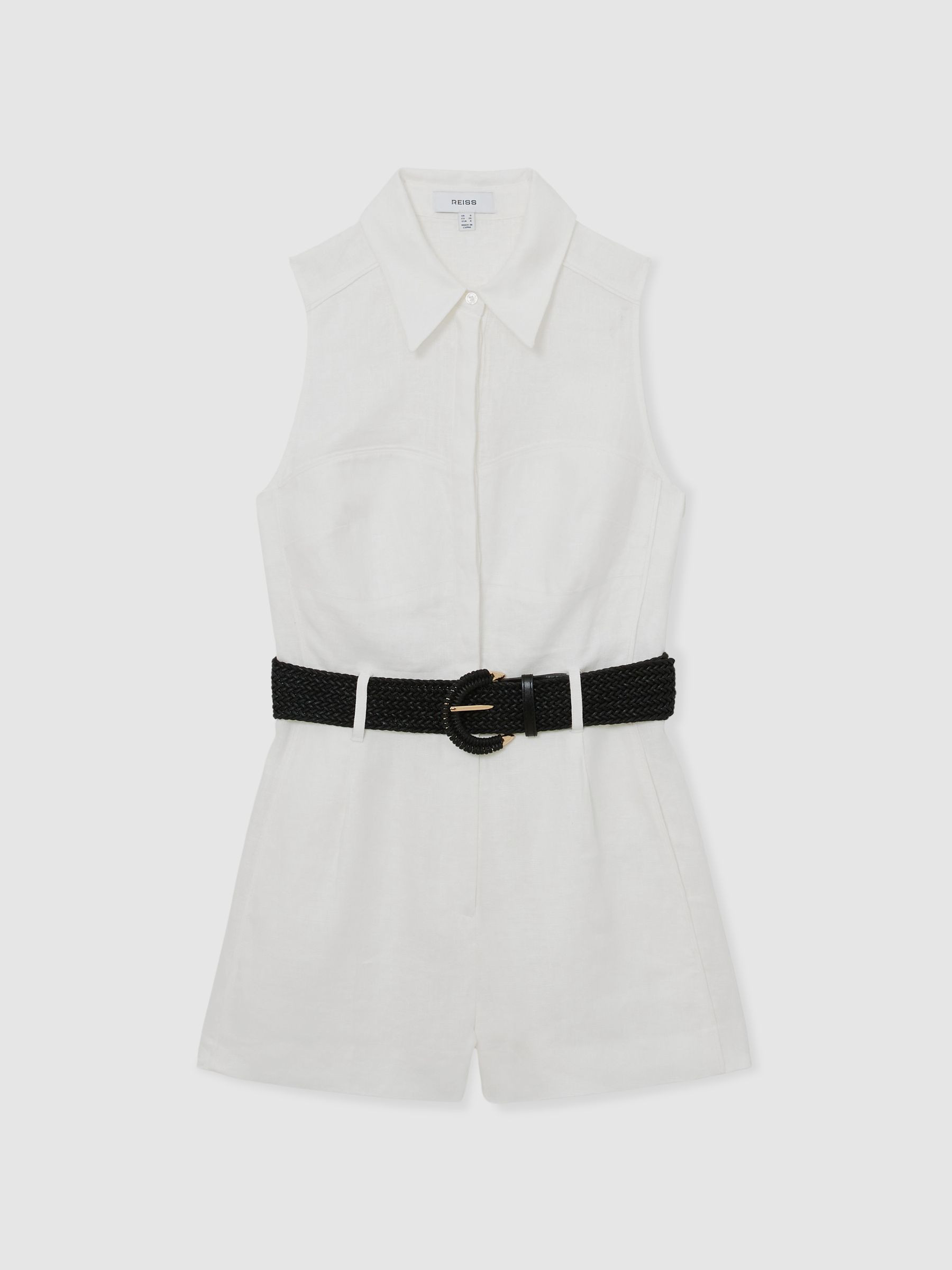 Reiss Linen Sleeveless Belted Playsuit in Ivory - REISS | Reiss UK