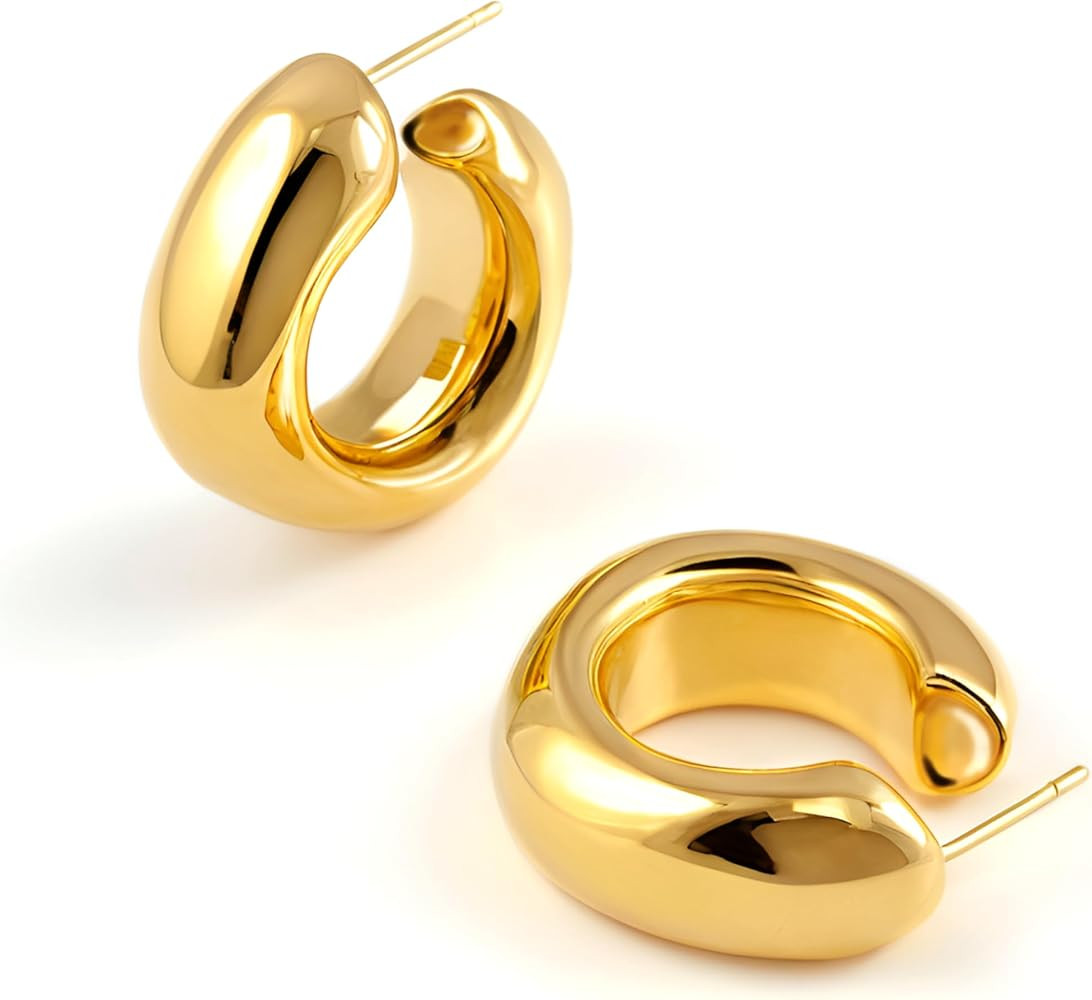 Waterproof Thick Gold Chunky Hoops Earrings for Women Non Tarnish,18K Gold Plated Hypoallergenic ... | Amazon (US)
