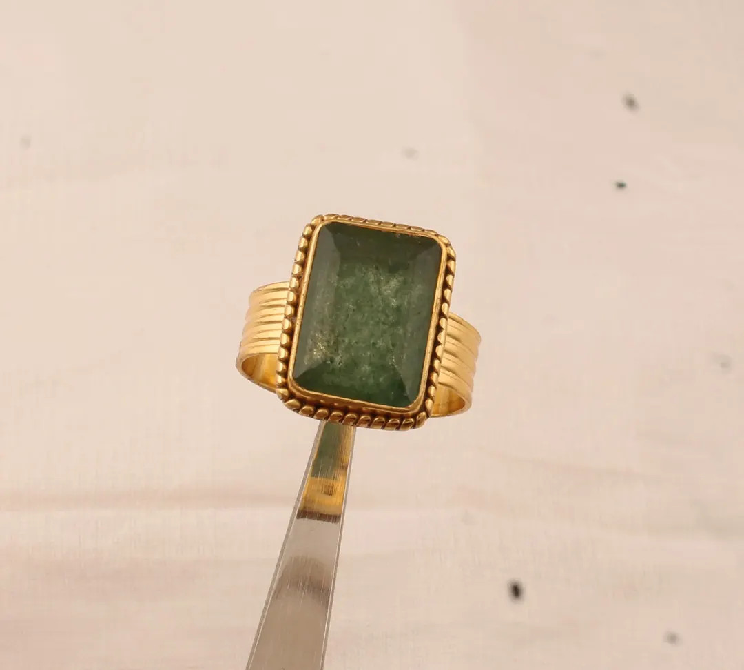 Emerald Cut Green Jade Ring: 18k Gold Plated Band, Handmade Jewelry | Etsy (US)