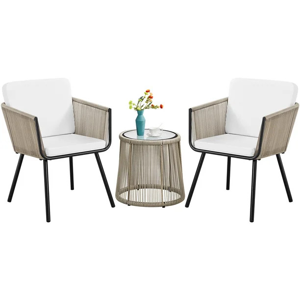 Topeakmart 3-Piece Outdoor Metal Frame Wicker Bistro Set with 2 Chairs, Tempered Glass Tabletop, ... | Walmart (US)