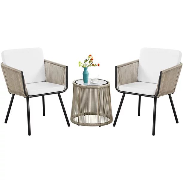 Topeakmart 3-Piece Outdoor Metal Frame Wicker Bistro Set with 2 Chairs, Tempered Glass Tabletop, ... | Walmart (US)