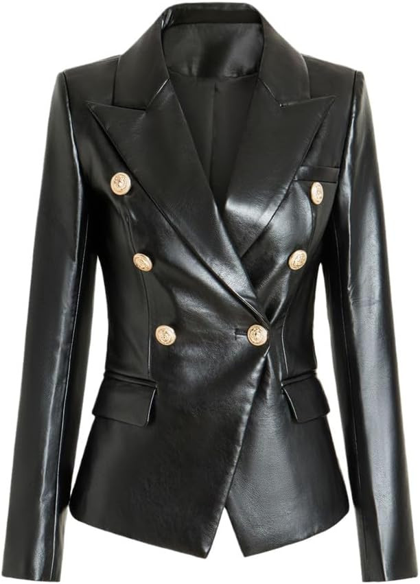 keusyoi Womens PU Leather Suit Jacket Gold Buttons Slim Women Long Sleeve Black Blazers | Amazon (US)