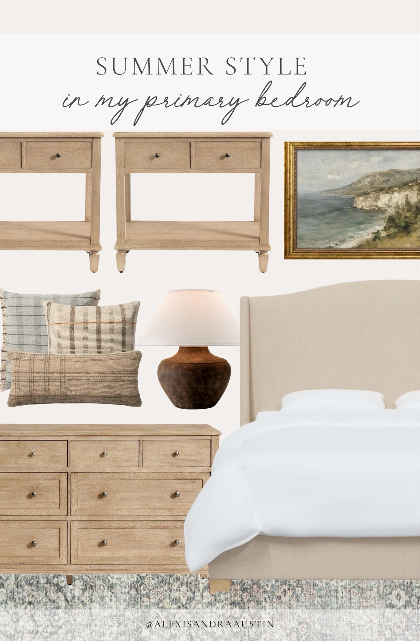 Sharing my primary bedroom styled for summer! From my all time favorite linen wingback bed to neutral wood tone furniture, creating a timeless space that also has touches of seasonal favorites.

Home finds, neutral home inspo, furniture favorites, neutral wood tones, linen upholstered bed, nightstand details, moody table lamp, vintage coastal art, cozy throw pillow, dresser details, primary bedroom refresh, Pottery Barn style, Wayfair, Amber Lewis, Loloi, quality over quantity, shop the look!

#LTKSeasonal #LTKHome