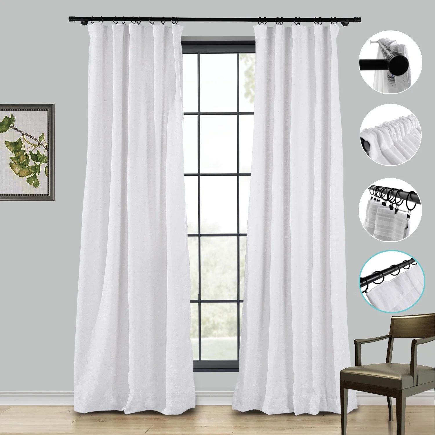 TWOPAGES White Linen Curtain Light Filtering for Living Room 50Wx63L, 1 Panel, Snow White, Liz | Walmart (US)