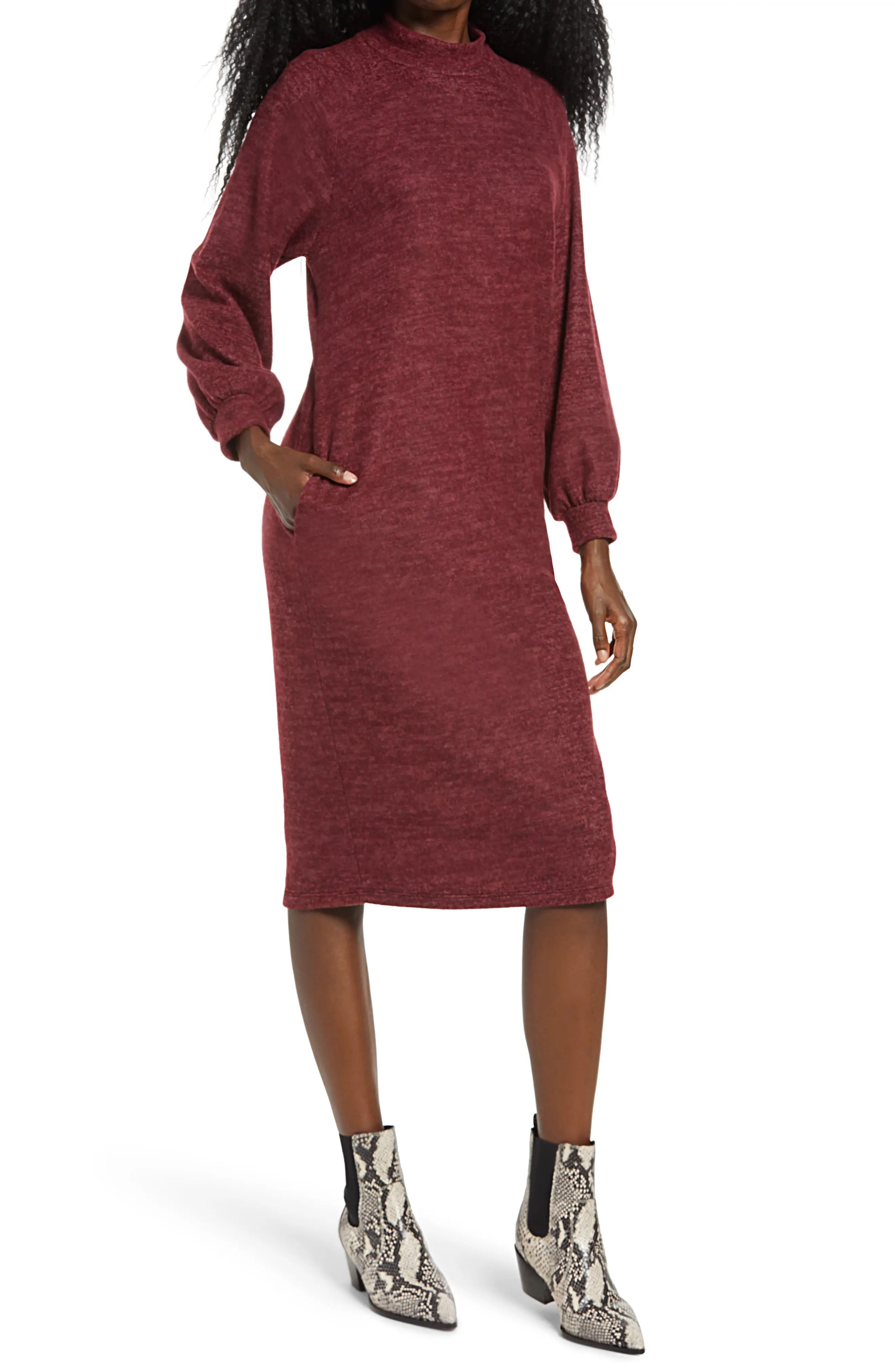 Women's All In Favor Brushed Jersey Long Sleeve Dress, Size X-Large - Burgundy | Nordstrom