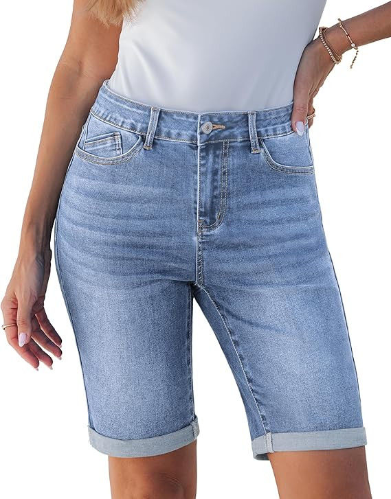 luvamia Bermuda Jean Shorts for Women Knee Length High Waisted Trendy Cuffed Hem Long Stretchy De... | Amazon (US)