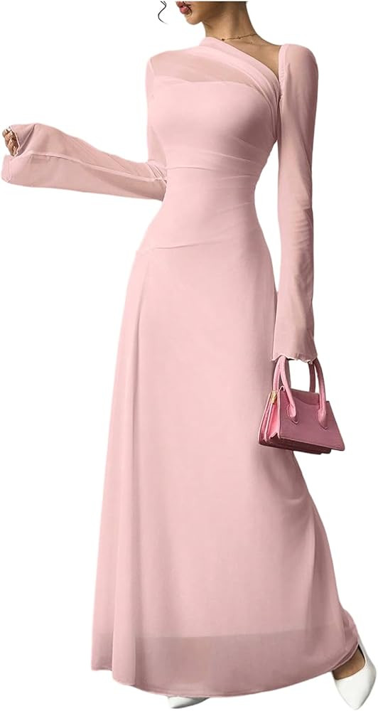GORGLITTER Women's Mesh Sheer Bell Long Sleeve Maxi Dress Prom Wedding Guest Dress Slip Party Coc... | Amazon (US)
