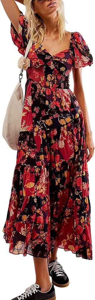 Argeousgor Women 2024 Bohemian Floral Dress Square Neck Ruffle Swing A Line Maxi Dress Long Sleev... | Amazon (US)