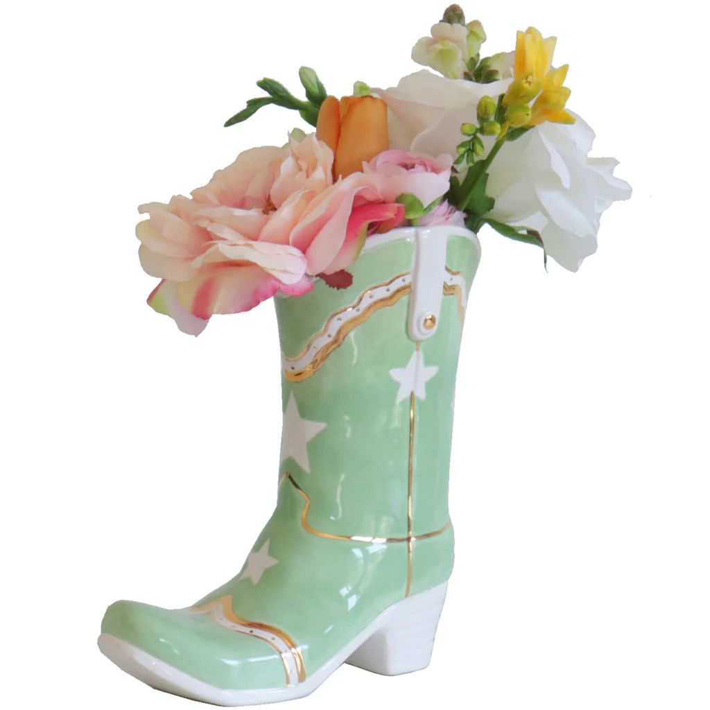Cowboy Boot Vase with Stars for Lo Home x Katey McFarlan in Green | Lo Home by Lauren Haskell Designs