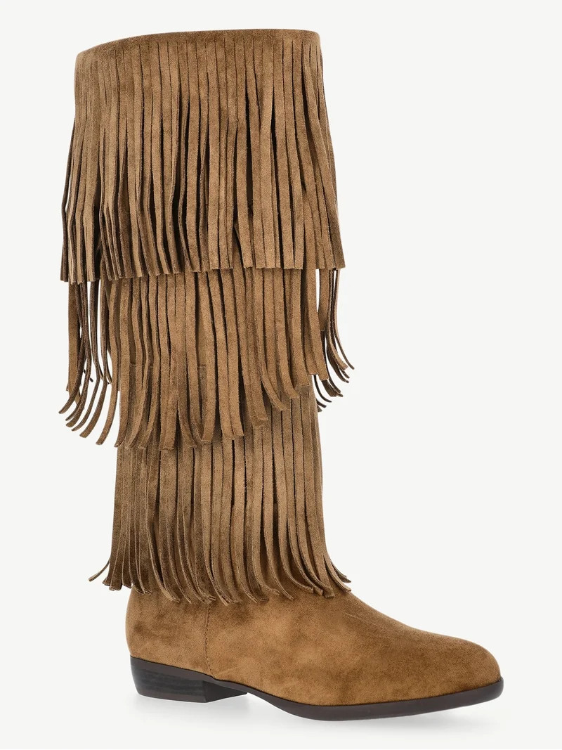 No Boundaries Tall Faux Suede Fringe Boots, Women's | Walmart (US)