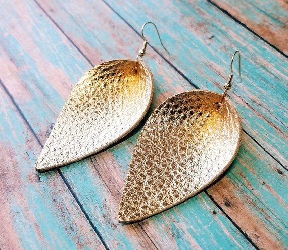 Leather earrings gold magnolia leaf folded leaf gold metallic | Etsy | Etsy (US)