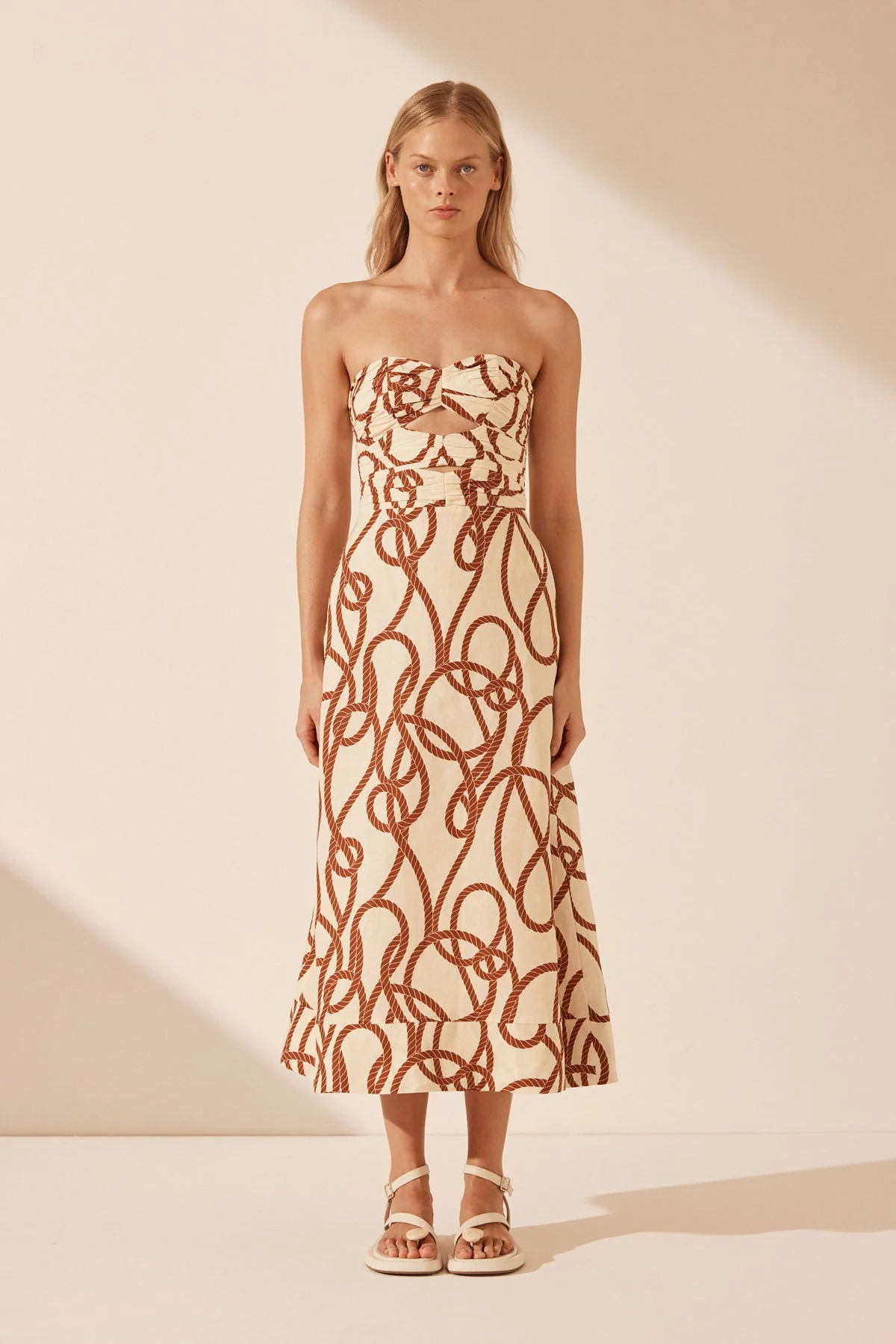 Mouillage Linen Strapless Cut Out A Line Midi Dress | Bone/Brown | Dresses | Shona Joy | Shona Joy