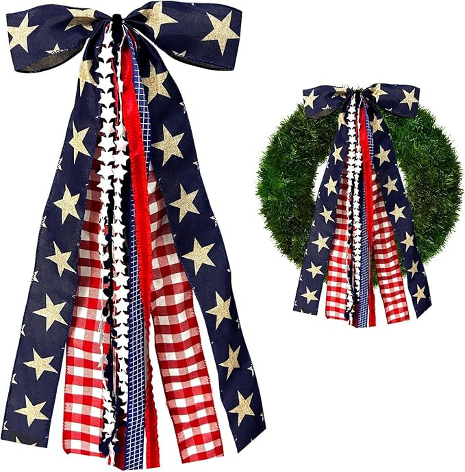 Large Patriotic Ribbon Bow, 4th of July Red White and Blue Bows Clip-On Star Sash Patriotic Wreat... | Amazon (US)