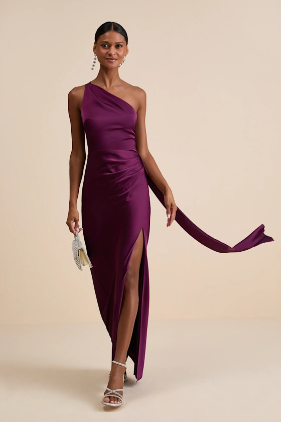 Signature Elegance Plum Purple Satin One-Shoulder Maxi Dress | Lulus