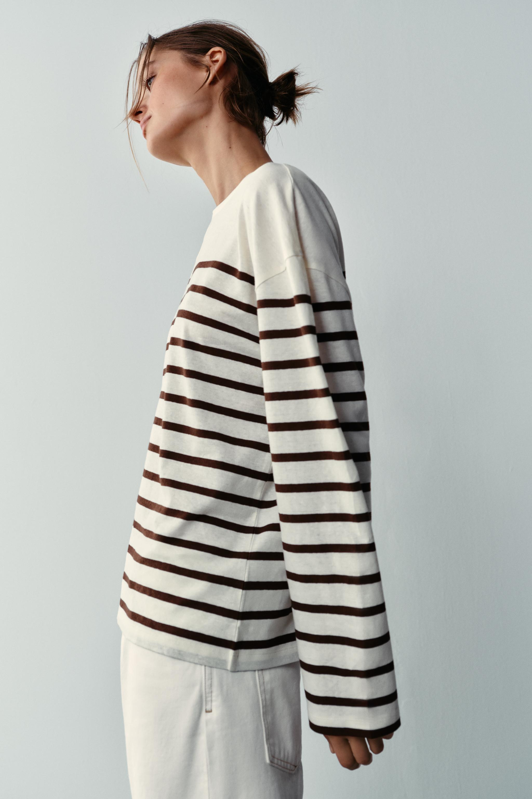 STRIPED COTTON AND LINEN T-SHIRT | Zara UK