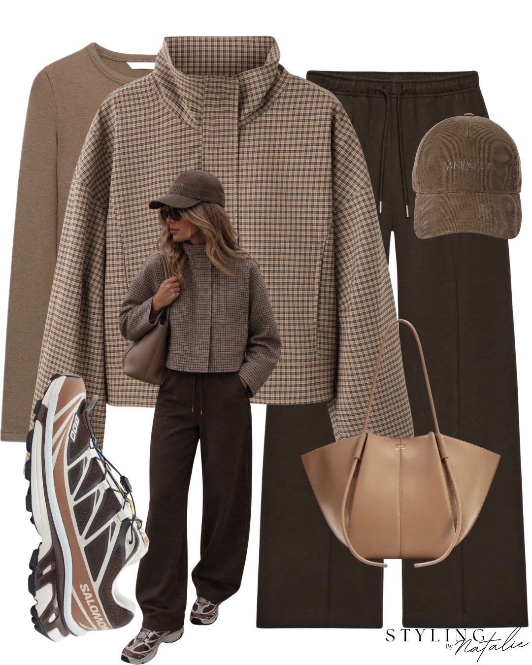 Checked funnel neck jacket, drawstring waist wide leg trainers, long sleeve top, Salomon trainers, YSL corduroy hat and tote bag.
Autumn outfit, sneakers, fall outfit, comfy casual, casual look, neutral outfit.

#LTKeurope #LTKautumn #LTKFashionMonth