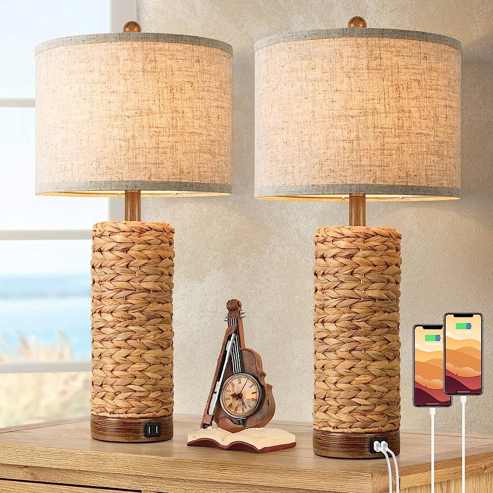Set of 2 Rattan Table Lamps for Living Room with 2 USB Ports, 27In Tall Bedroom Lamp Costal Farmh... | Amazon (US)