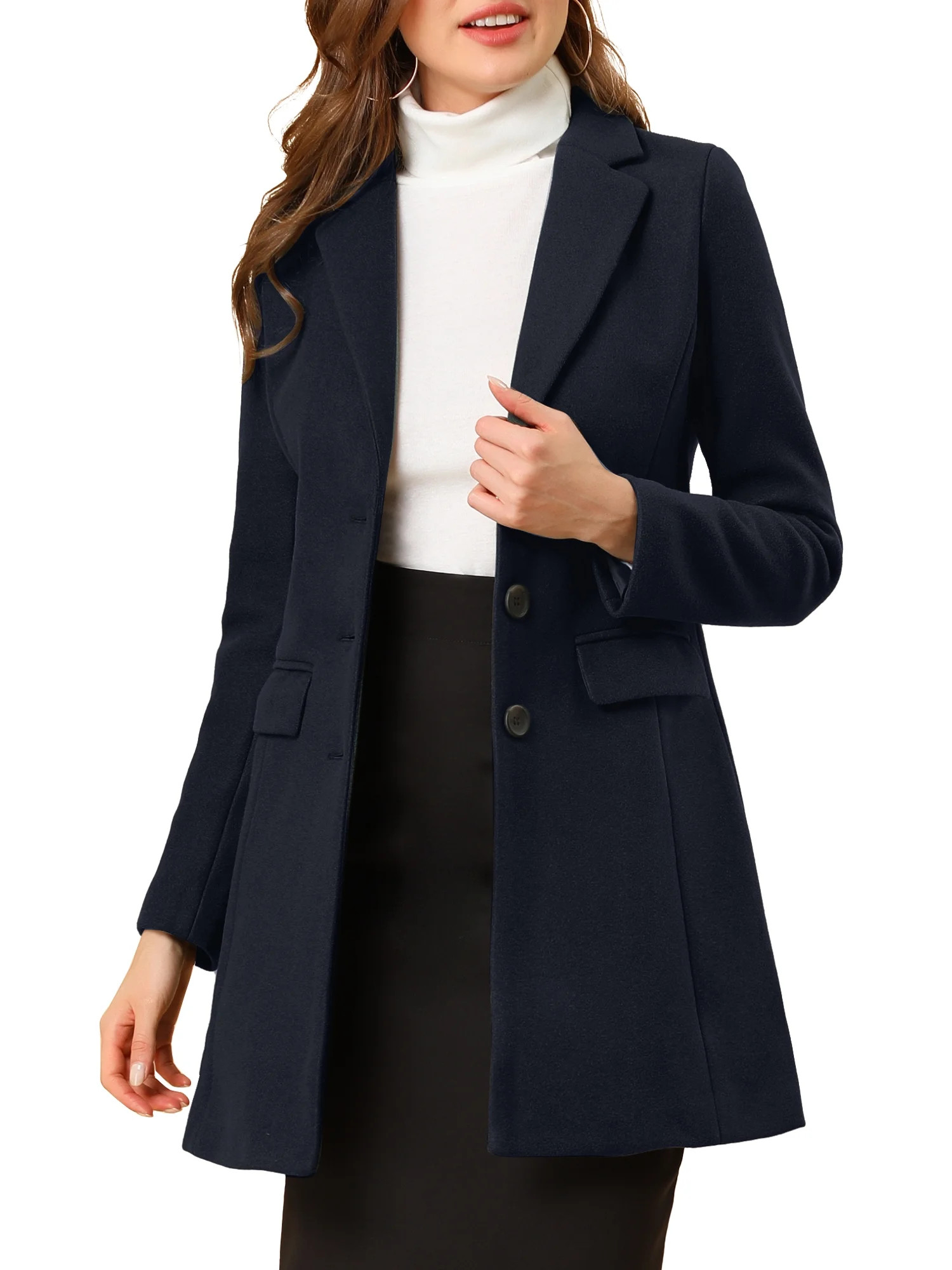 Allegra K Women's Notched Lapel Long Sleeves Single Breasted Winter Long Coat | Walmart (US)